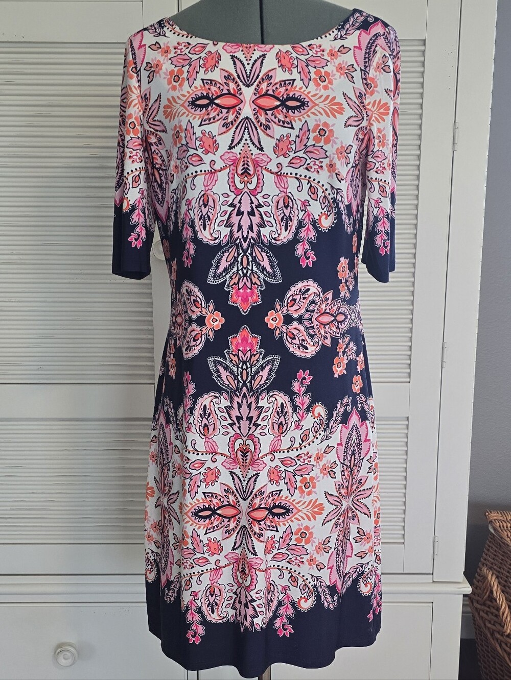 Eliza J Navy Shift Dress with Pink and Coral Paisley Print